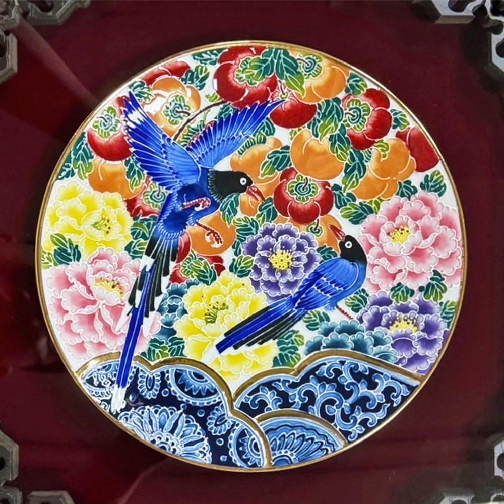 國禮大師張美雲-台灣藍鵲富貴圓滿瓷畫