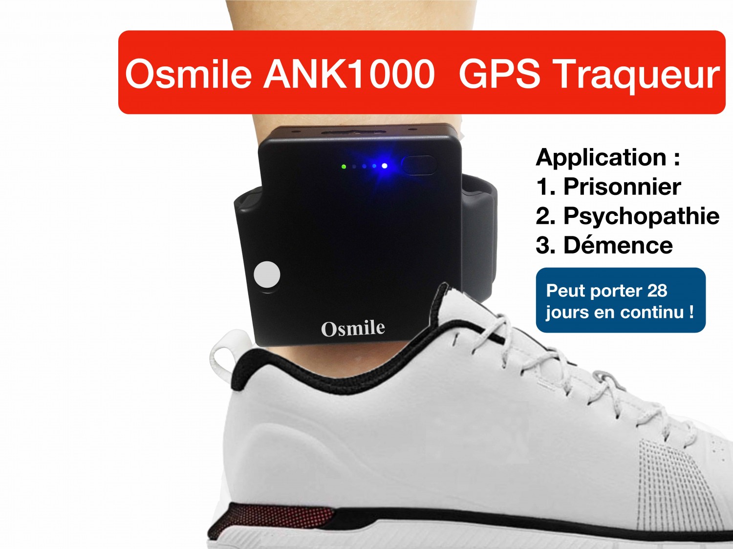 Osmile ANK1000 est un traqueur GPS de cheville conçu pour les prisonniers, les psychopathes, les personnes atteintes de démence et d'Alzheimer. Il peut être utilisé en continu pendant 10 jours