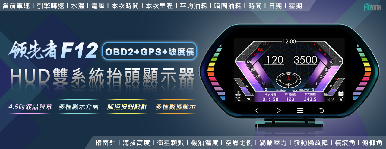 領先者 F12 4.5吋 液晶儀錶 觸控按鍵 OBD2+GPS+坡度儀 雙系統多功能 汽車抬頭顯示器