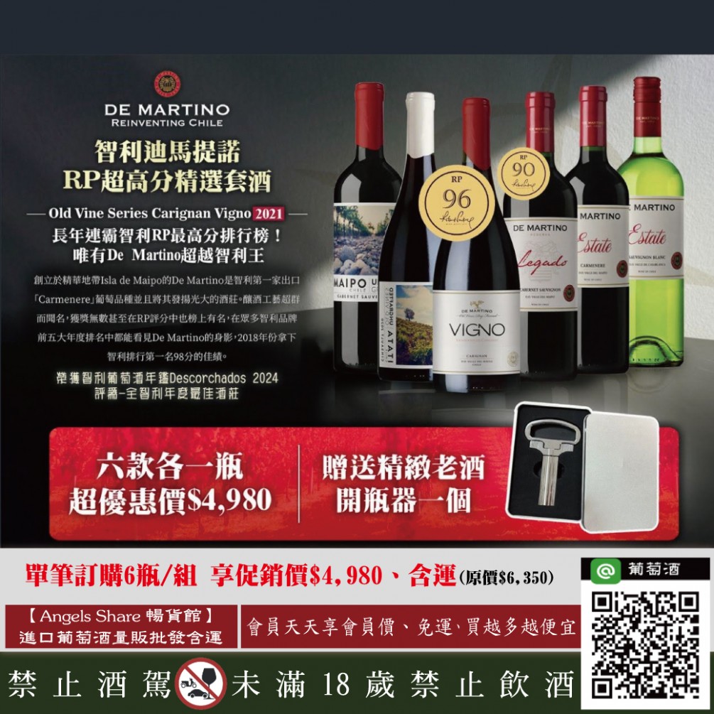 【2024年度最佳酒莊】智利長年連霸RP超高分6瓶套酒，再送老酒開瓶器