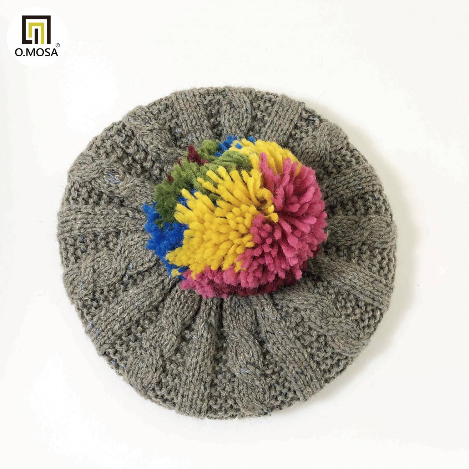 O.MOSA 秘魯羊駝毛多彩造型毛球可機洗貝蕾帽(多彩灰)