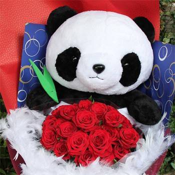《熊(尚)愛你》18吋熊貓捧玫瑰花束