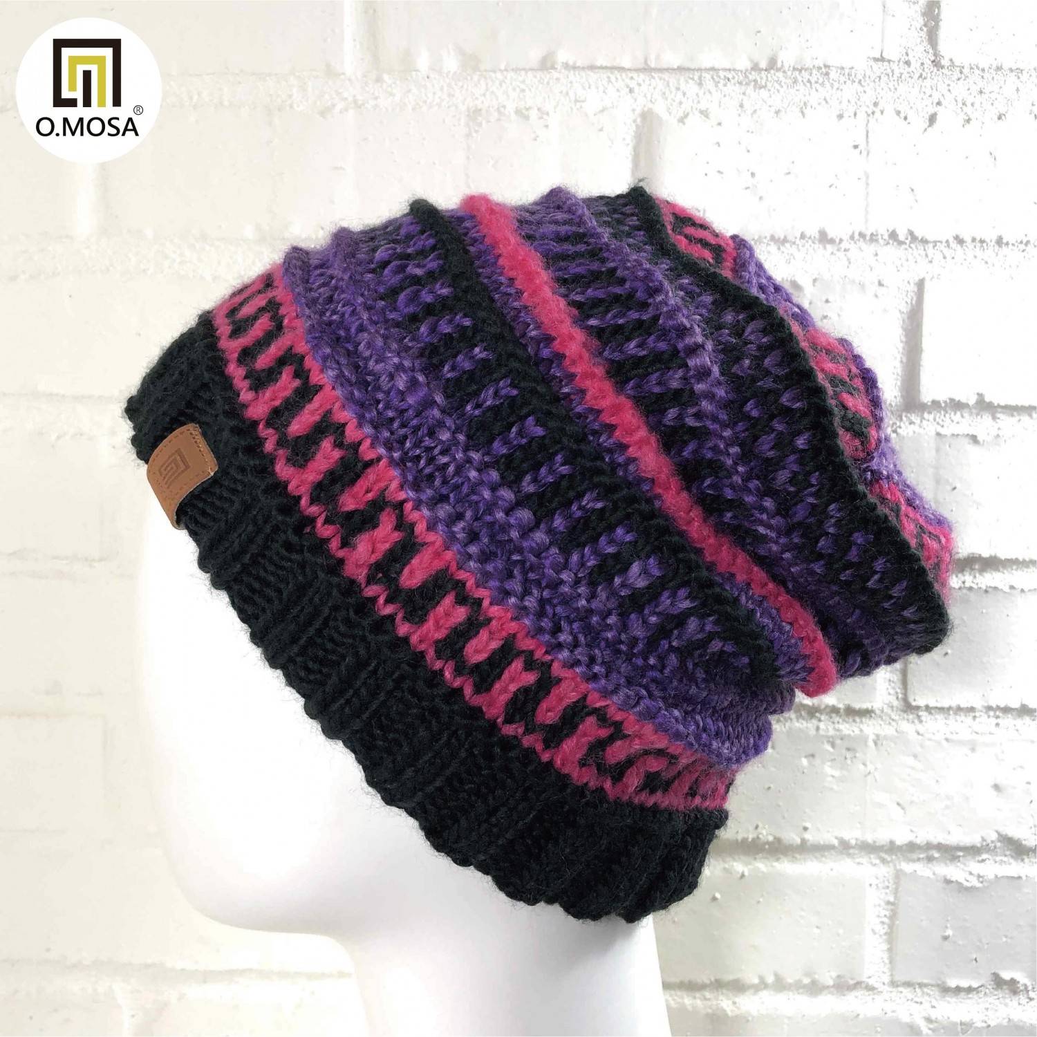 O.MOSA 羊毛民俗幾何型快乾針織帽(電音紫)