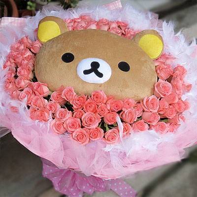 《熊愛你》代購LaLa熊玩偶+99朵粉玫瑰花束