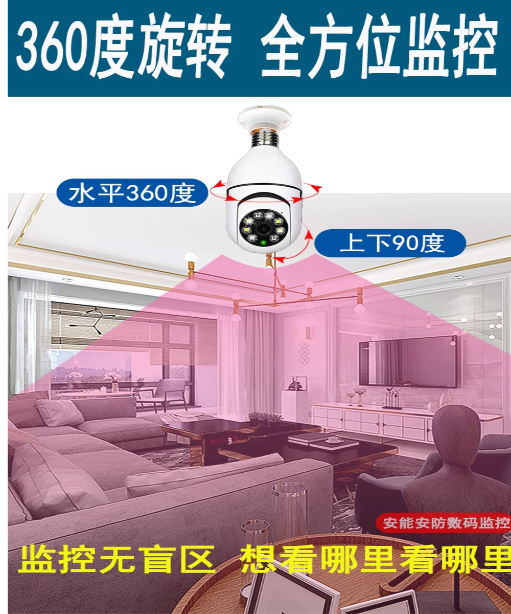 360度全景監控球泡燈攝像頭wifi遠程室內高清夜視搖頭機