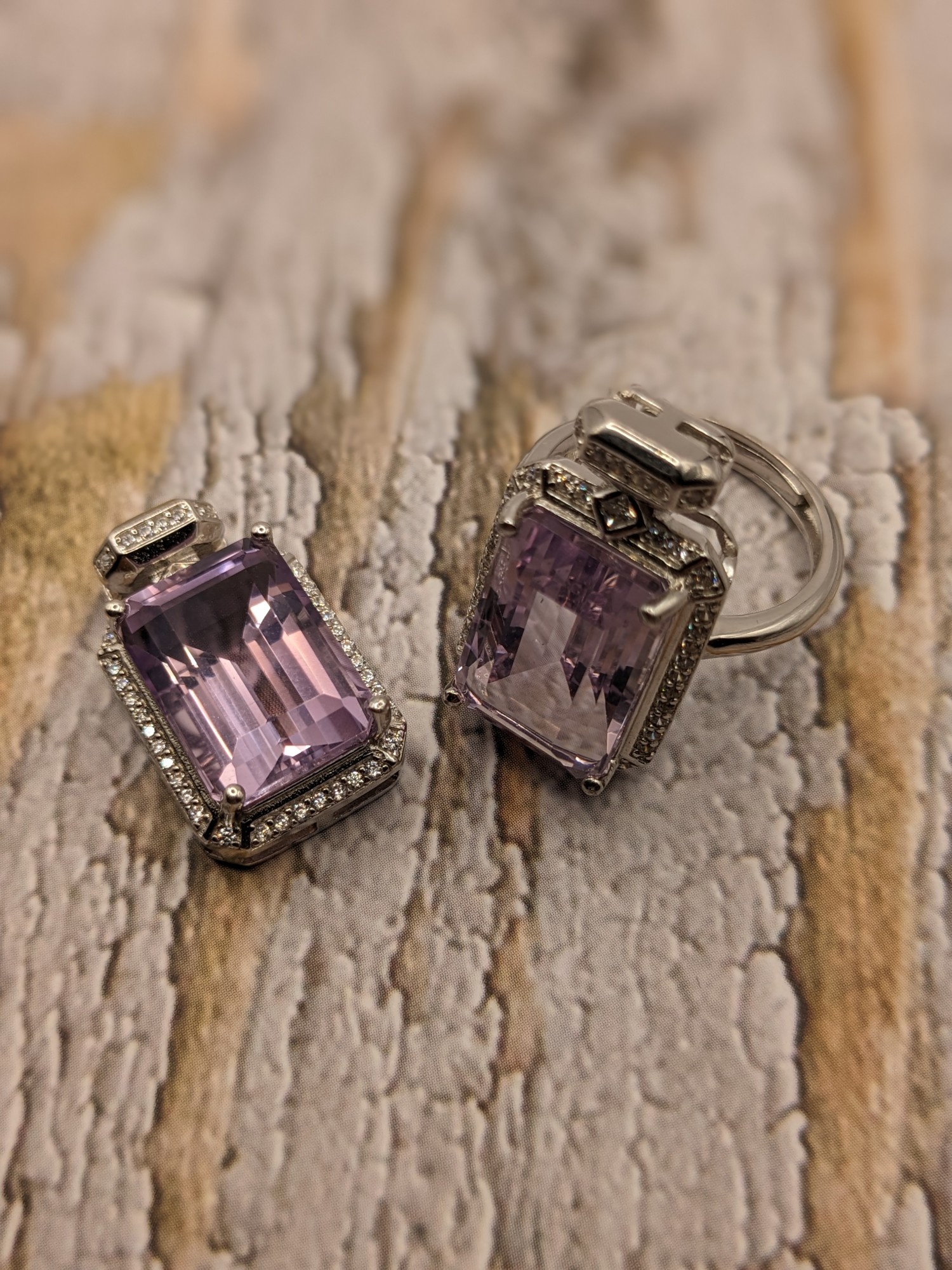 紫玉晶鑽切方鑽~項墜、戒子.925純銀包台套組 編號G24-4-4-6411