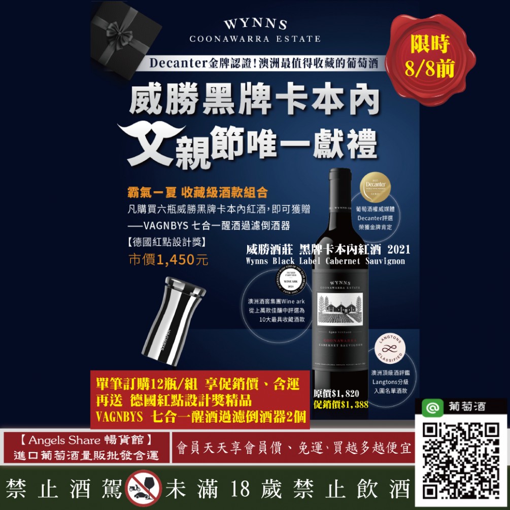 【澳洲最重要的卡本內紅酒】送紅點設計獎「七合一醒酒過濾倒酒器」