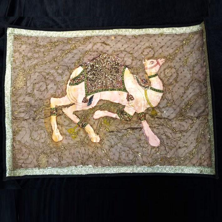 印度手工 老布 繡銅線畫 宮廷駱駝 左/右 掛畫 掛布 收藏畫 手工老物件
