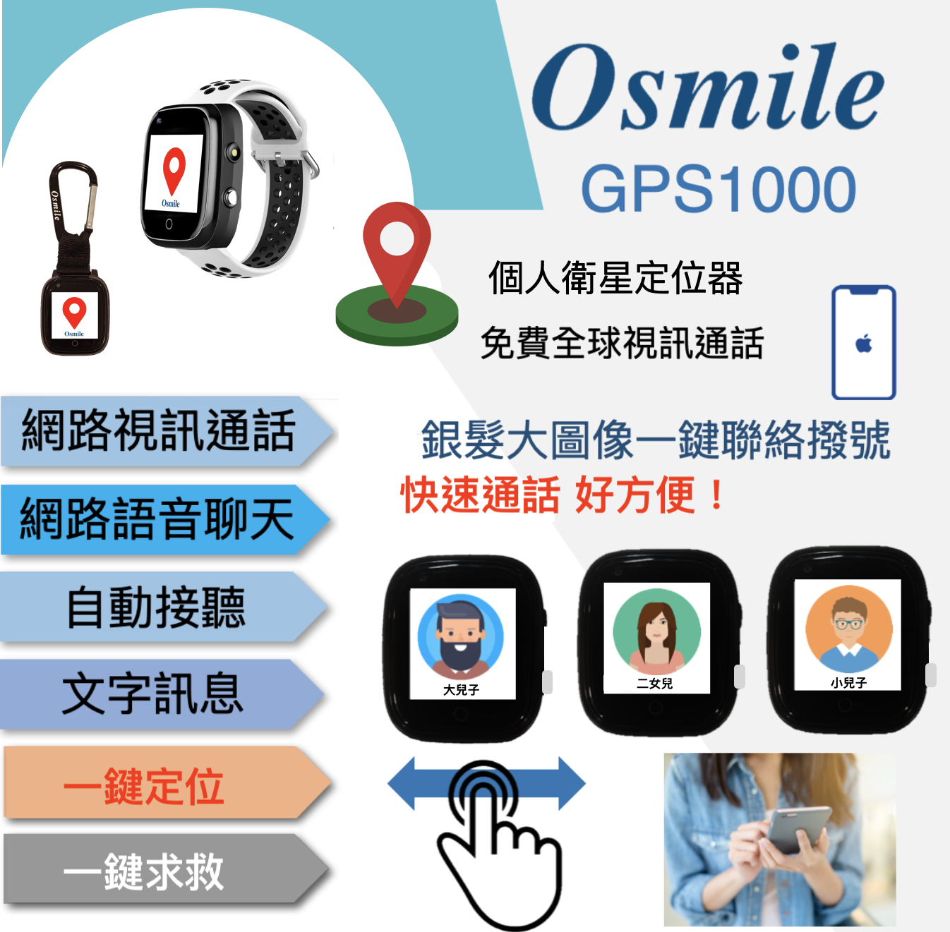 Osmile GPS1000 失智症 獨居老人 跌倒偵測  SOS 緊急救援  GPS定位 視訊通話 鑰匙圈手錶