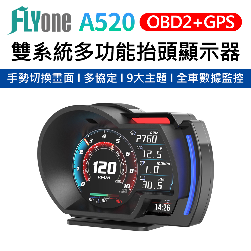 (升級開關線)FLYone A520 升級版 OBD2+GPS 雙系統多功能 手勢切換 HUD 汽車抬頭顯示器