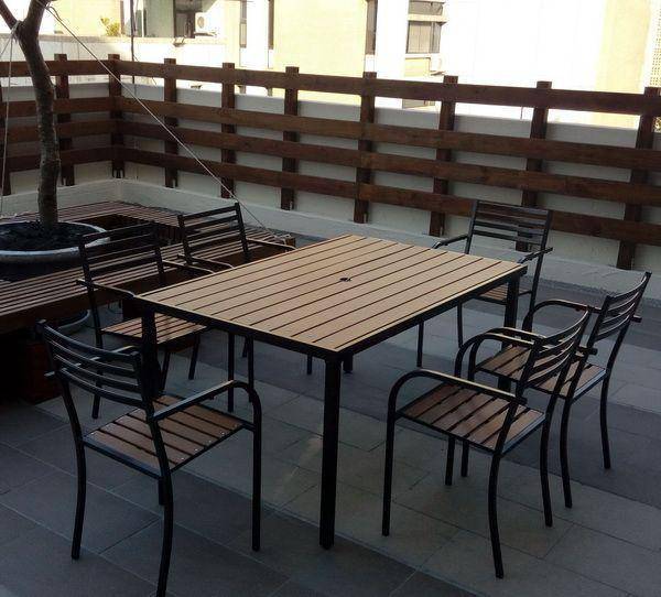 鐵製塑木長方桌椅組