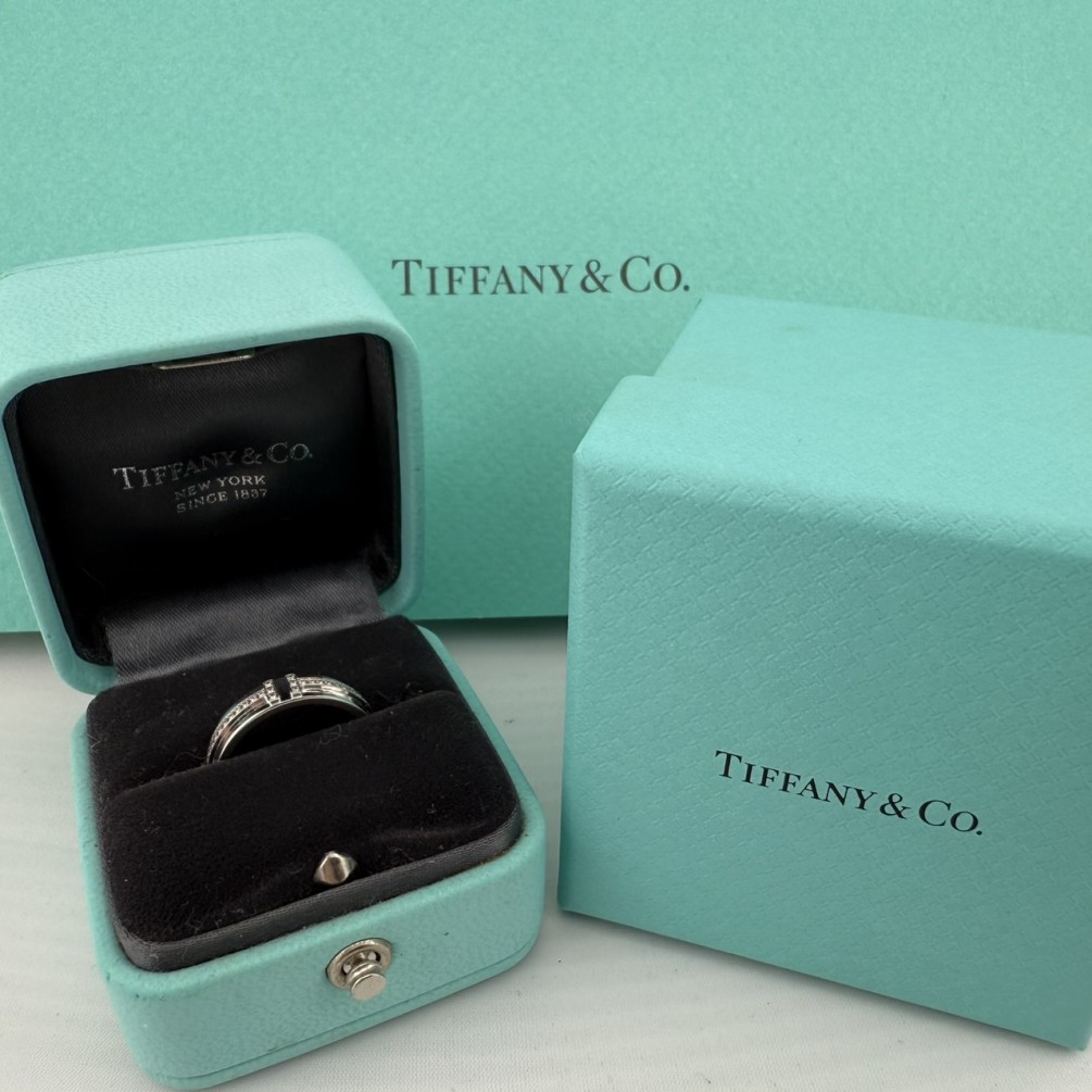 Tiffany&Co.蒂芬妮 T系列 18K白金 鑲鑽窄版戒指 n1422
