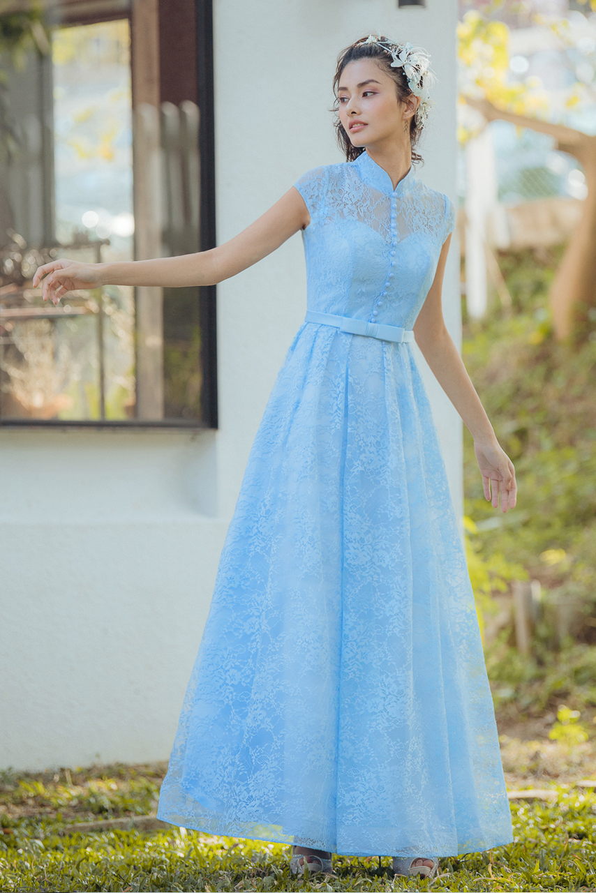 蕾絲刺繡訂製款藍色旗袍長禮服【7-2113】---訂製期35天