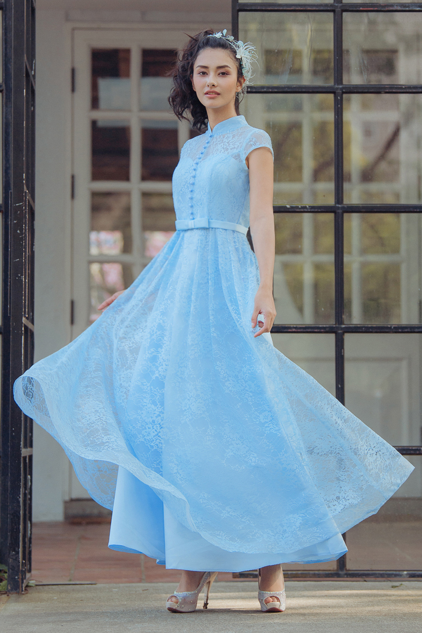 蕾絲刺繡訂製款藍色旗袍長禮服【7-2113】---訂製期35天