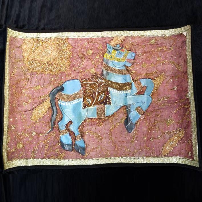 印度手工 老布 繡銅線畫 宮廷馬 掛畫 掛布 收藏畫 手工老物件