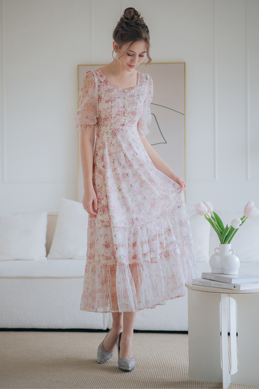 方領蕾絲印花金蔥粉色長洋裝【60-7008】