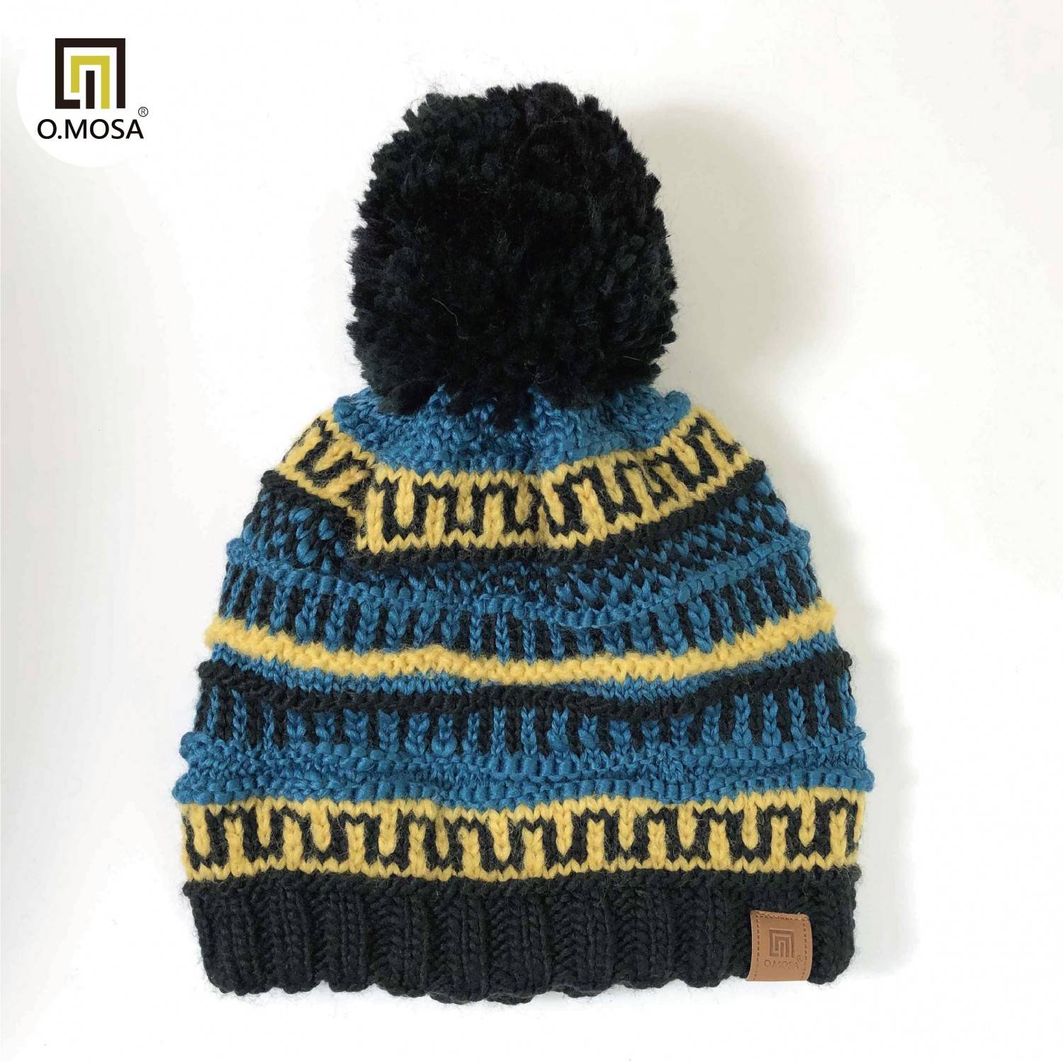 O.MOSA 羊毛民俗幾何型大毛球快乾針織帽(土耳其藍)