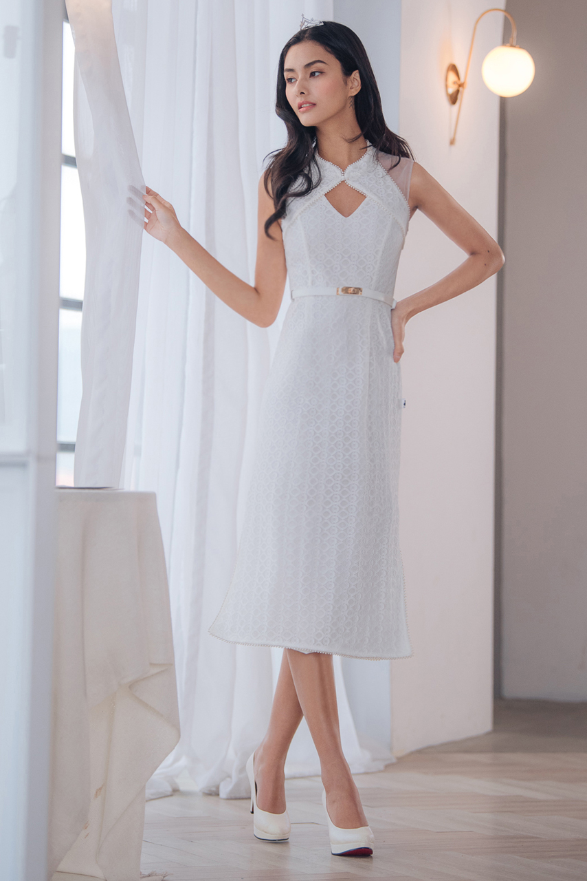 兩件式蕾絲刺繡白色旗袍洋裝【17-6946】