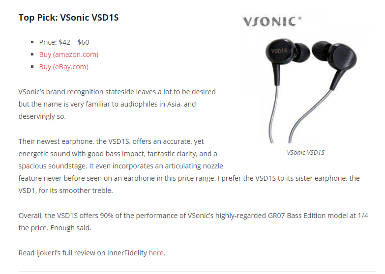 國外論壇 theheadphonelis評選VSD1S為50美金內平價入門耳機!
