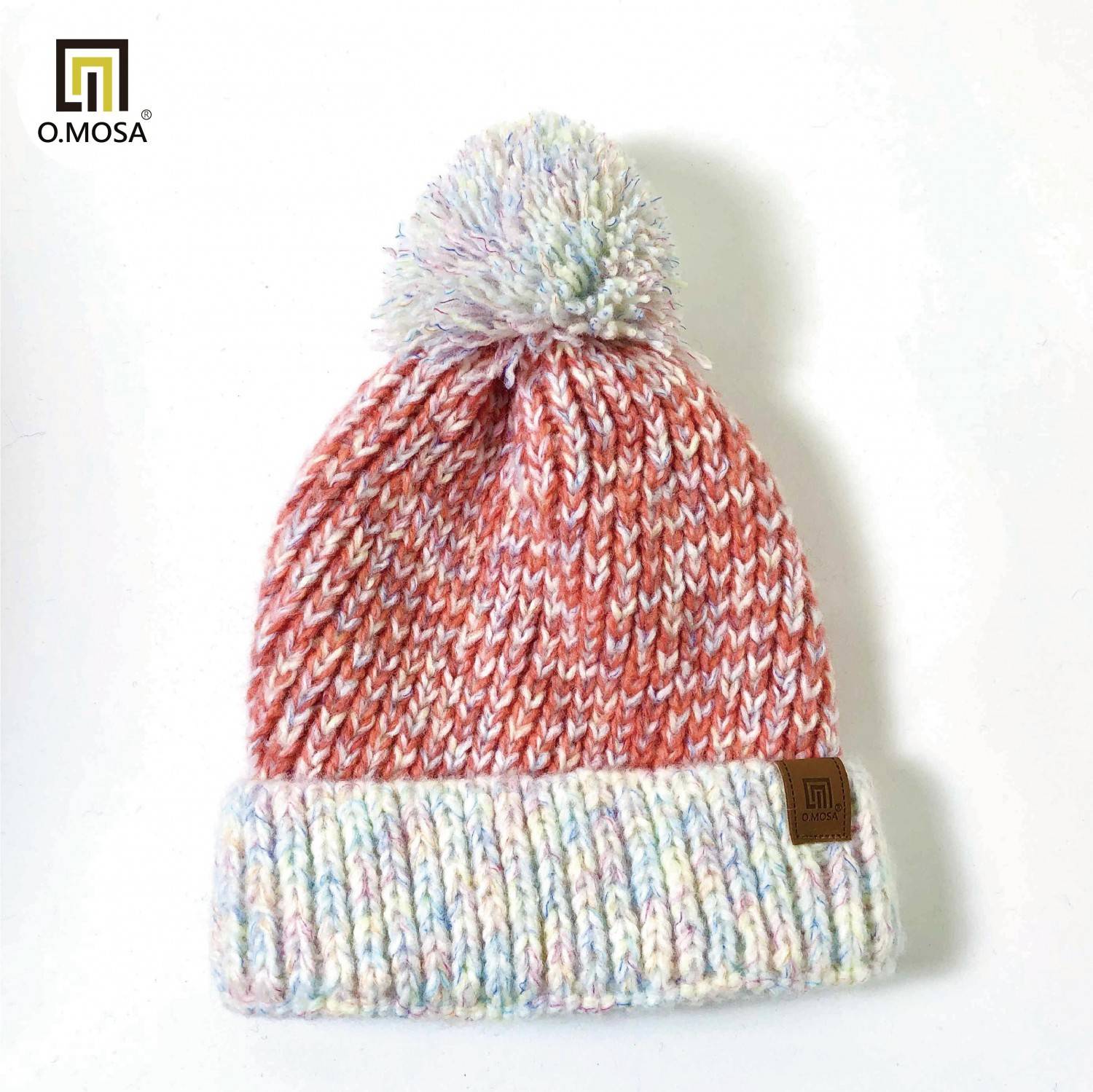 O.MOSA 雙色斜紋美型毛球可機洗針織帽(桔彩虹白)