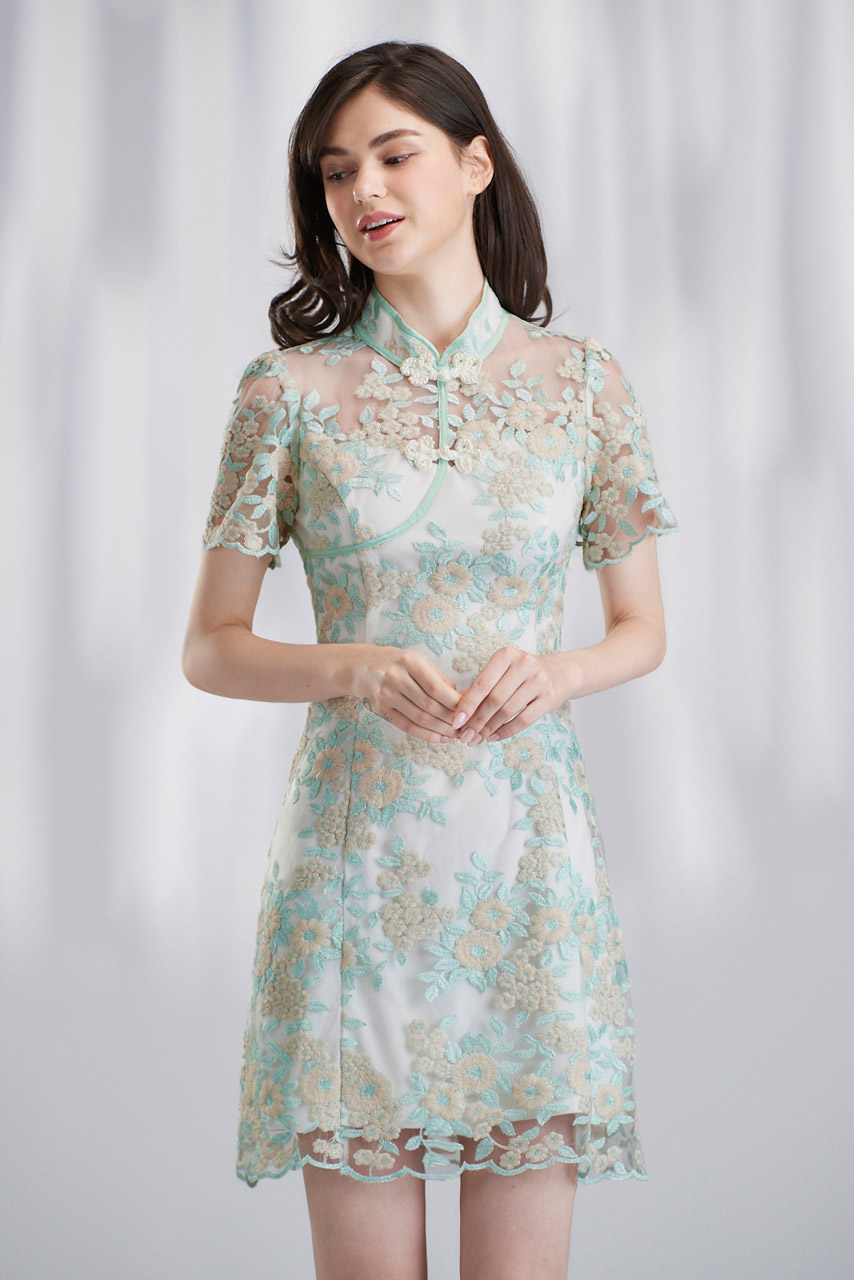 蕾絲刺繡旗袍綠色短洋裝【Y17-6944】