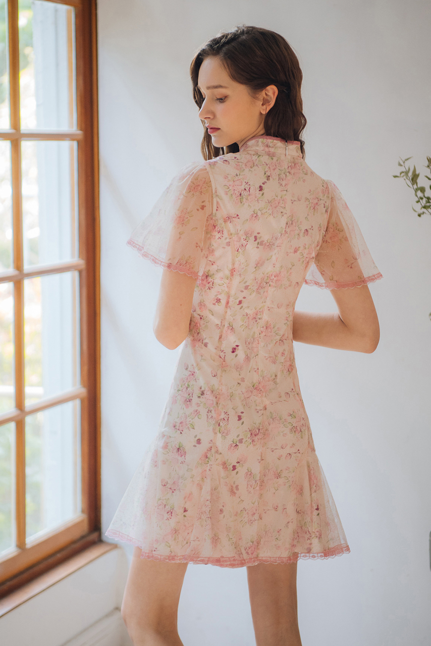 蕾絲印花金蔥粉色旗袍短洋裝(可拆式珍珠鍊)【17-7020】