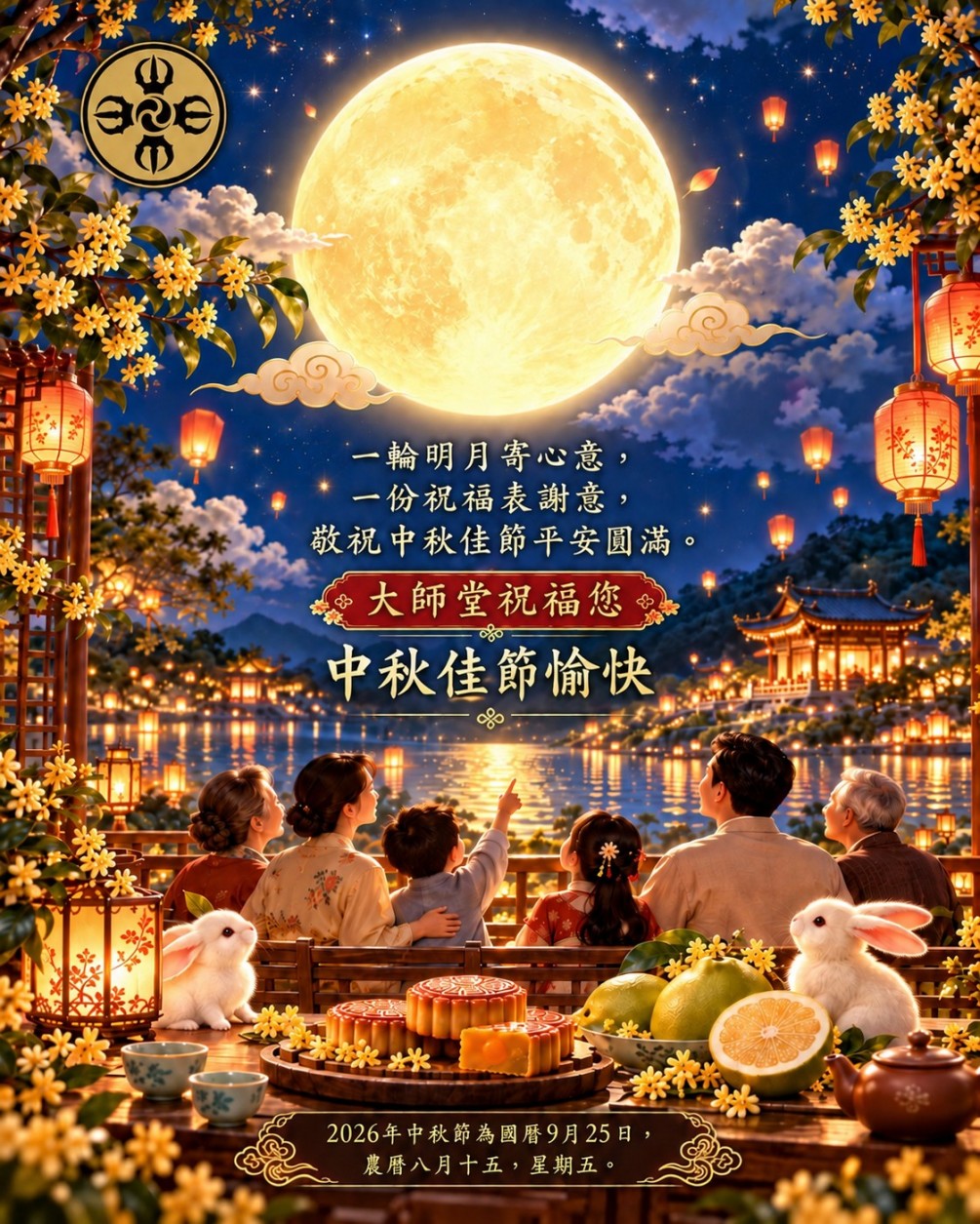 大師堂祝福您 中秋佳節愉快～ 當日 大師堂開放參拜， 適逢 不動明王護摩火供日， 歡迎十方善信前來禮佛、祈福，並參加護摩法會