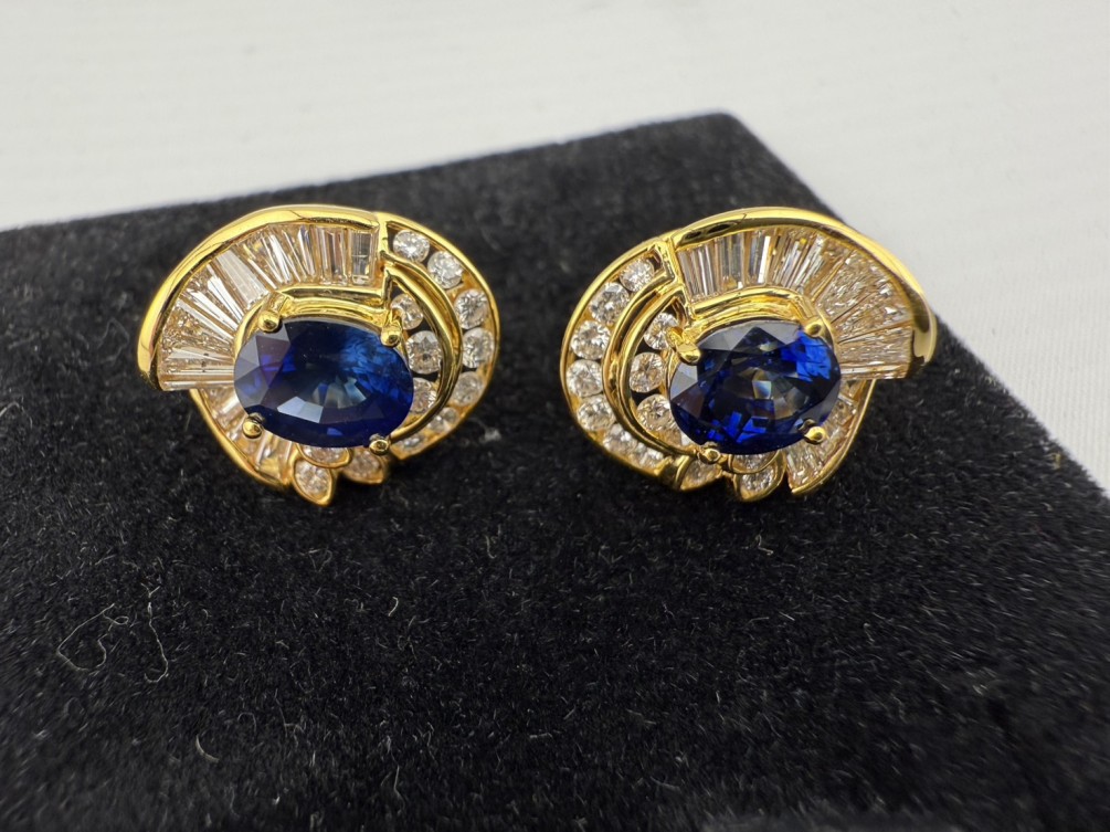 天然藍寶石鑽石耳環 1.33ct+1.33ct 配鑽約0.5ct+0.5ct 18K黃金 n1364-03