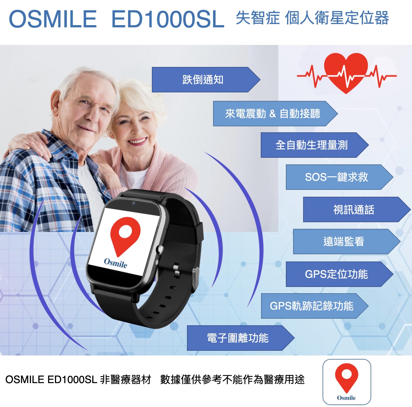 Osmile ED1000SL (L)聽障獨居老人跌倒一鍵求救與失智老人防走失AGPS個人衛星定位手錶 (大鏡面手錶靜音來電震動版_輔具定位手錶__原廠兩年保固)