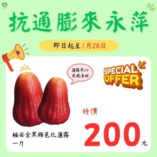 永萍抗漲特惠季！！即日起～1/28日 極安全的黑糖芭比蓮霧一斤只要200元！