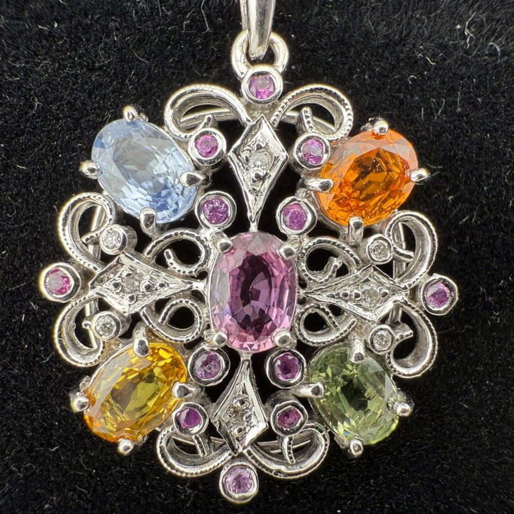 天然彩色剛玉項鍊 5P-3ct 配鑽0.04ct 14K白金 n1307-43