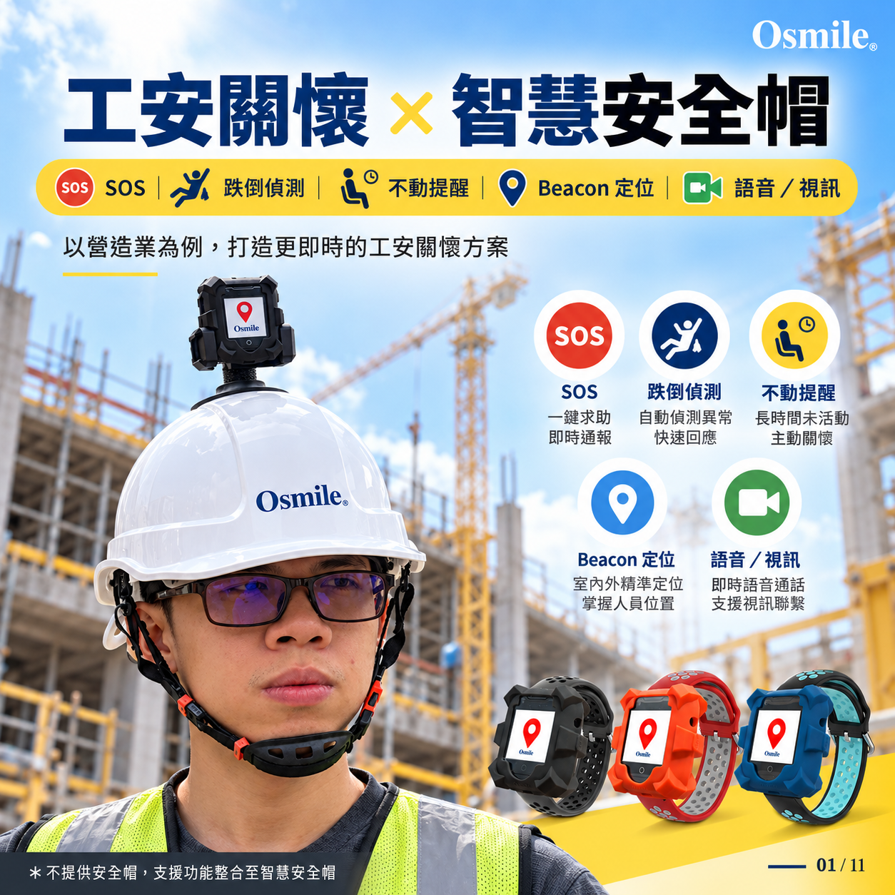 Osmile ED1000 工安關懷 遠端監看 SOS & GPS定位手錶 & Beacon室內定位（智慧安全帽進階套組）