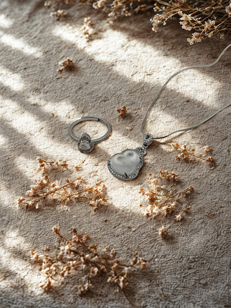 水沫子玉剔透放光葫蘆純銀墜戒套組G32-1-6-3980