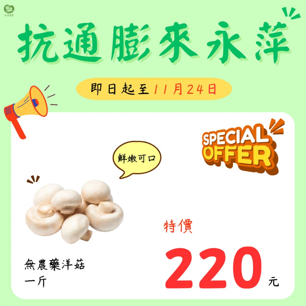 即日起至11/24日 無農藥的洋菇一斤只要220元