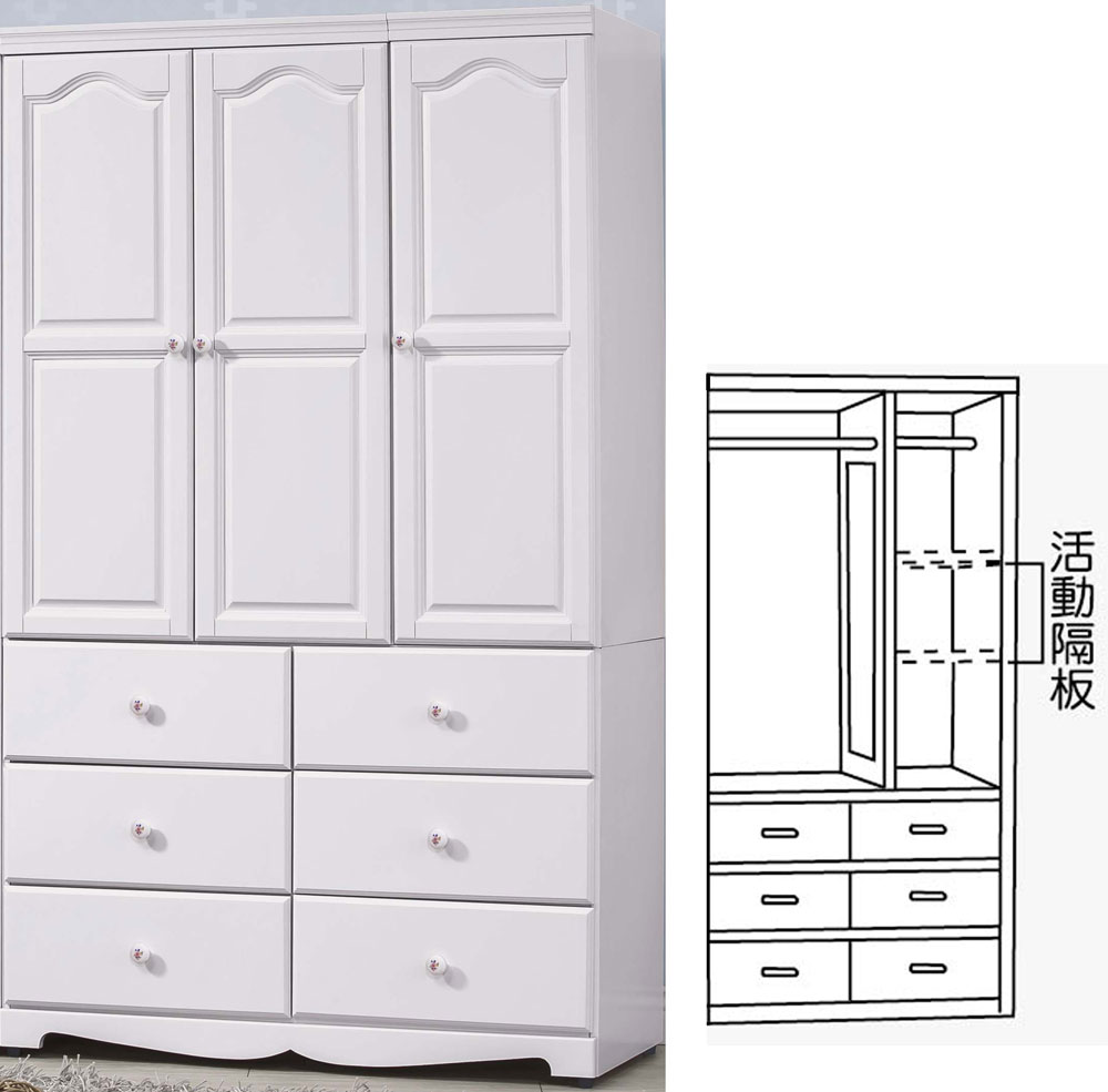 SH-A168-03 愛麗絲白色4X7尺衣櫥 (不含其他產品)<br /> 尺寸:寬120*深56*高205cm
