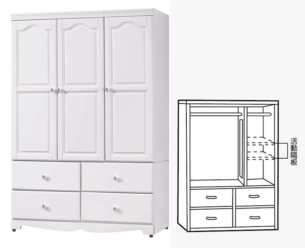 SH-A168-05 愛麗絲白色4X6尺衣櫥 (不含其他產品)<br /> 尺寸:寬120*深56*高182cm