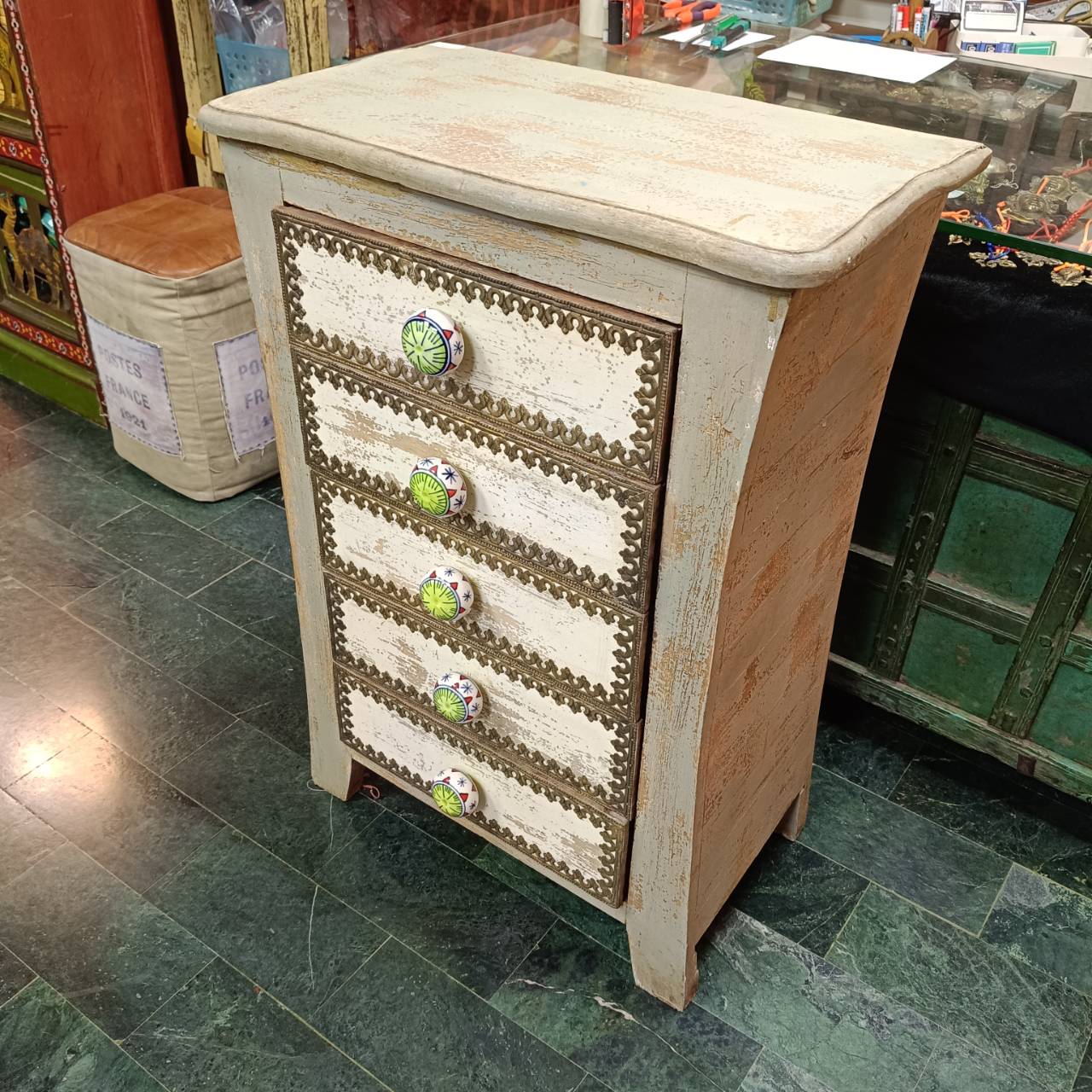 印度全實木(具重量) 崁銅 五抽櫃 收納櫃 實木+陶瓷彩瓷把手