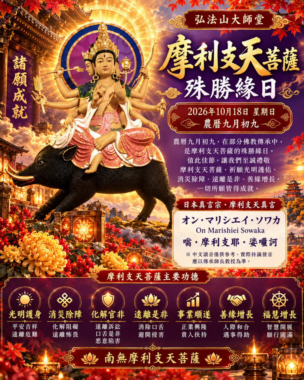 【摩利支天菩薩・殊勝緣日】 光明護身・消災除障・化解官非・福慧增長  2026年10月18日 星期日 農曆丙午年九月初九