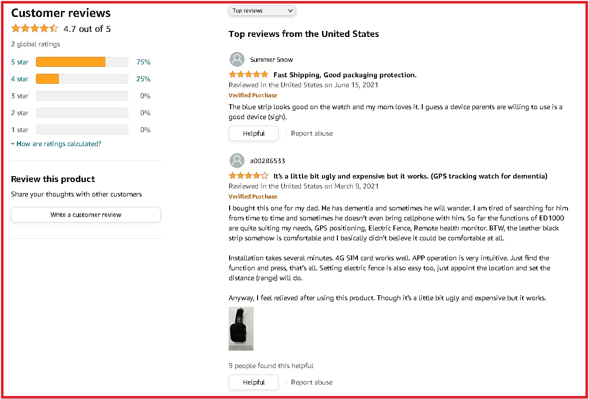 Osmie ED1000 Dementia Tracker Amazon Customer Review