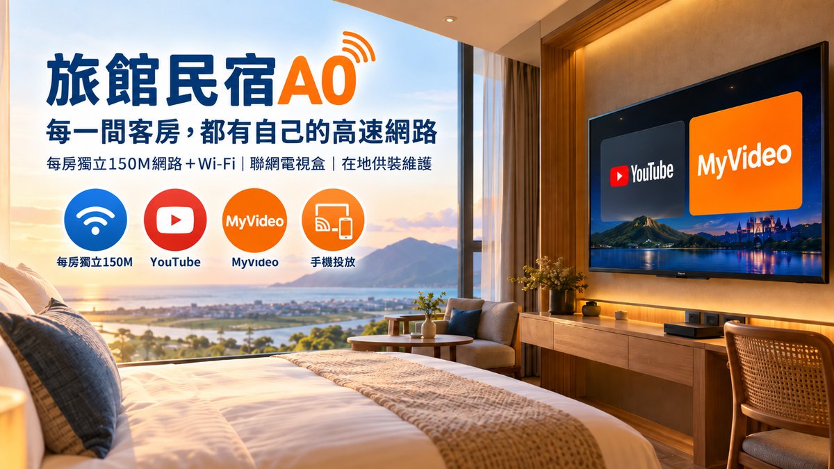 旅館民宿A0智慧客房方案，每房獨立150M網路與Wi-Fi