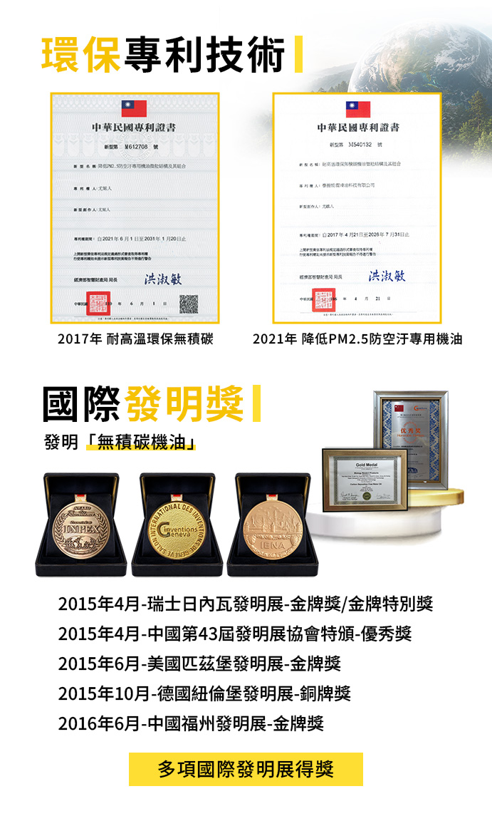 環保無積碳專利與防空污專利榮獲國際發明獎3大金牌